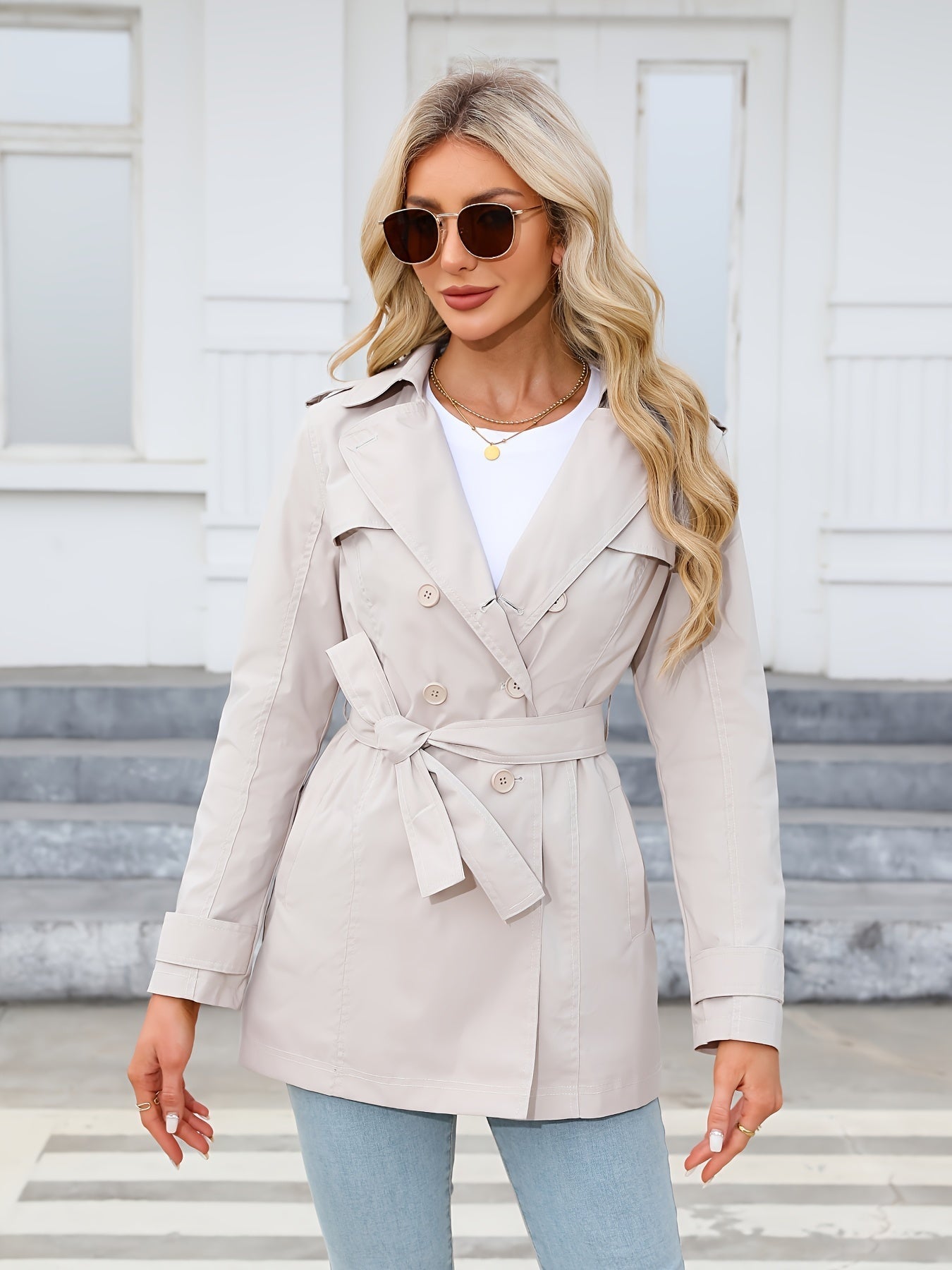 Witte Chic Mini Trenchcoat Dubbelrijig Met Ceintuur Voor Dames