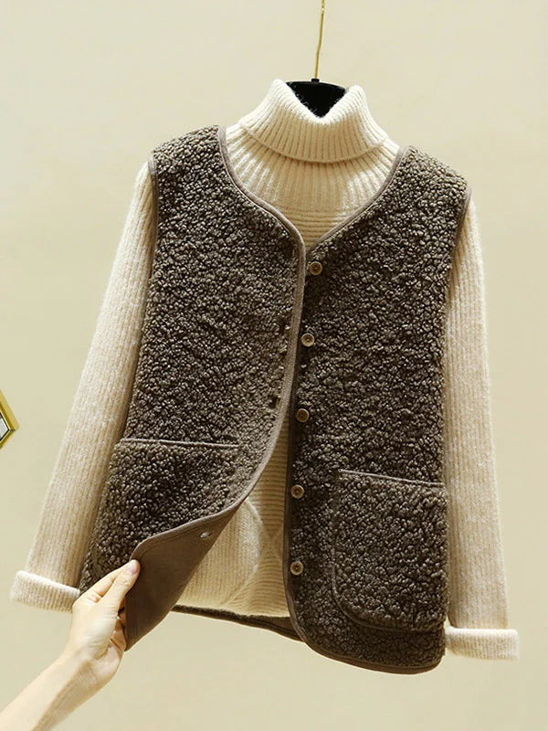 Dames Winter Teddy Fleece Gilet Met Zakken En Knopen
