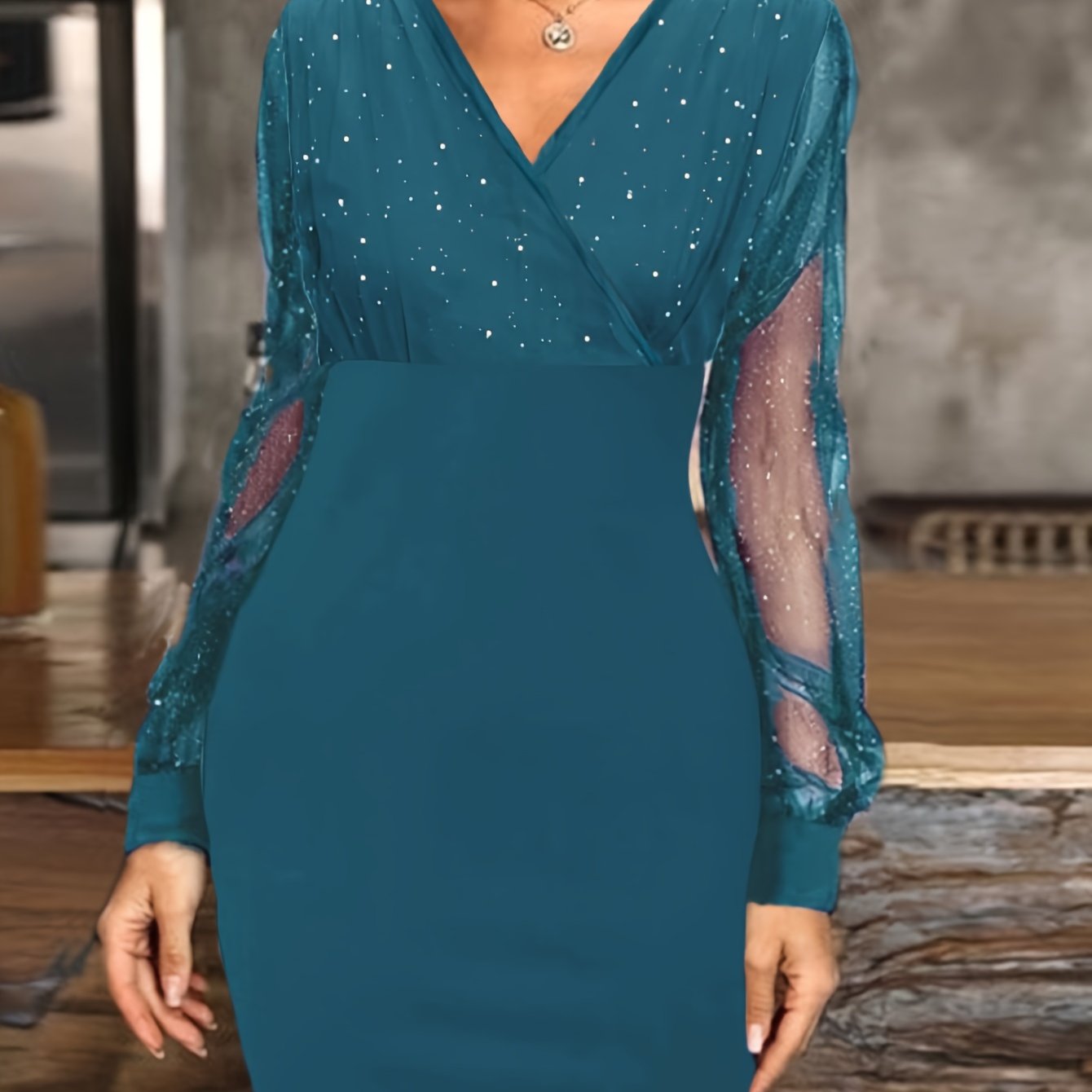 Glitter Mini Feestjurk Voor Dames Met V-Hals En Mesh Mouwen