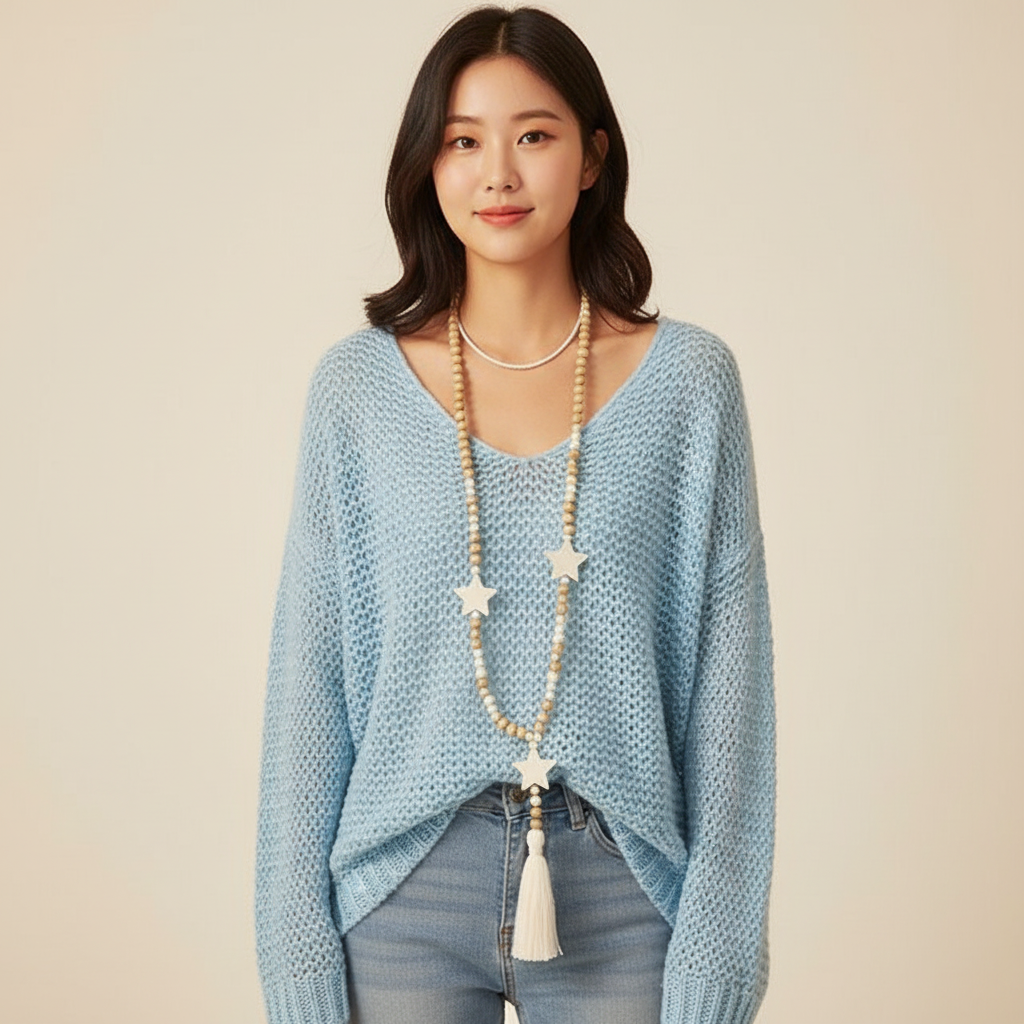 Losvallende Gebreide Damestrui met V-hals en Lange Mouwen