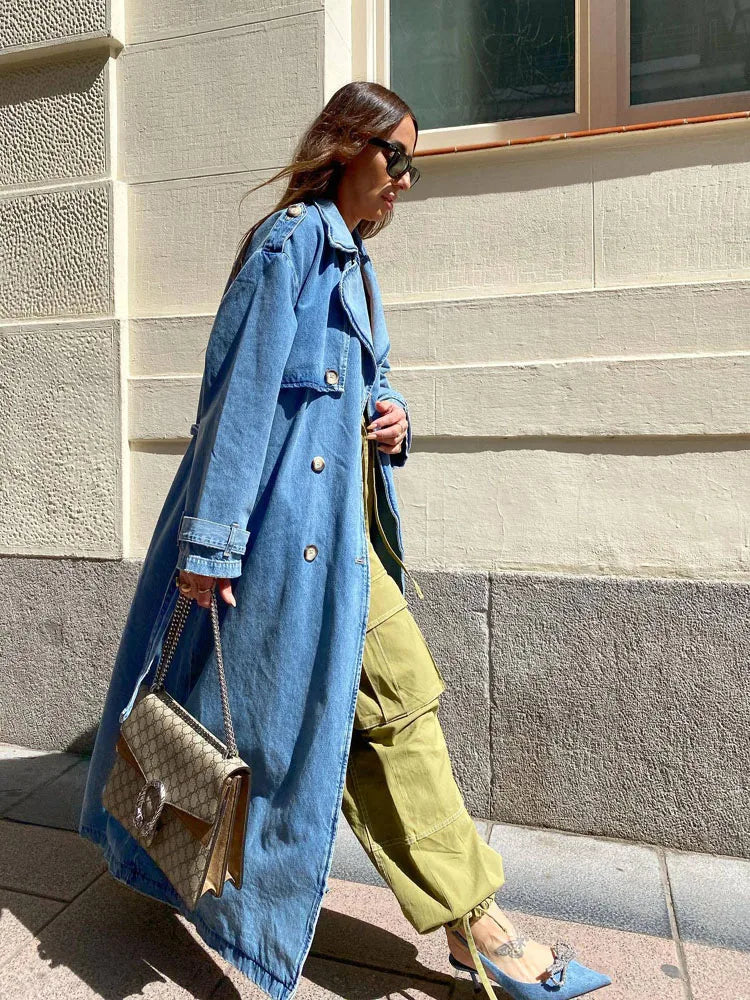 Dames Oversized Denim Trenchcoat Dubbelrijig met Ceintuur