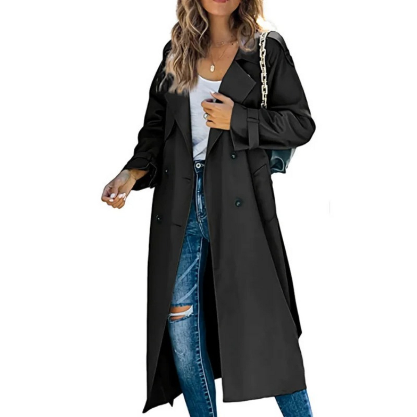 Elegante Dames Midi Trenchcoat Met Dubbelrijige Sluiting