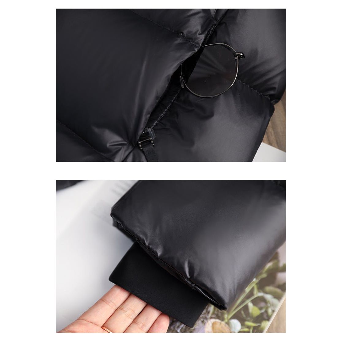 Zwarte Vrouwen Lange Gewatteerde Pufferjas met Capuchon en Rits