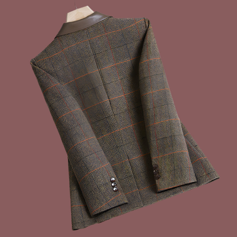 Bruine Geruite Elegante Leerlook Dames Blazer