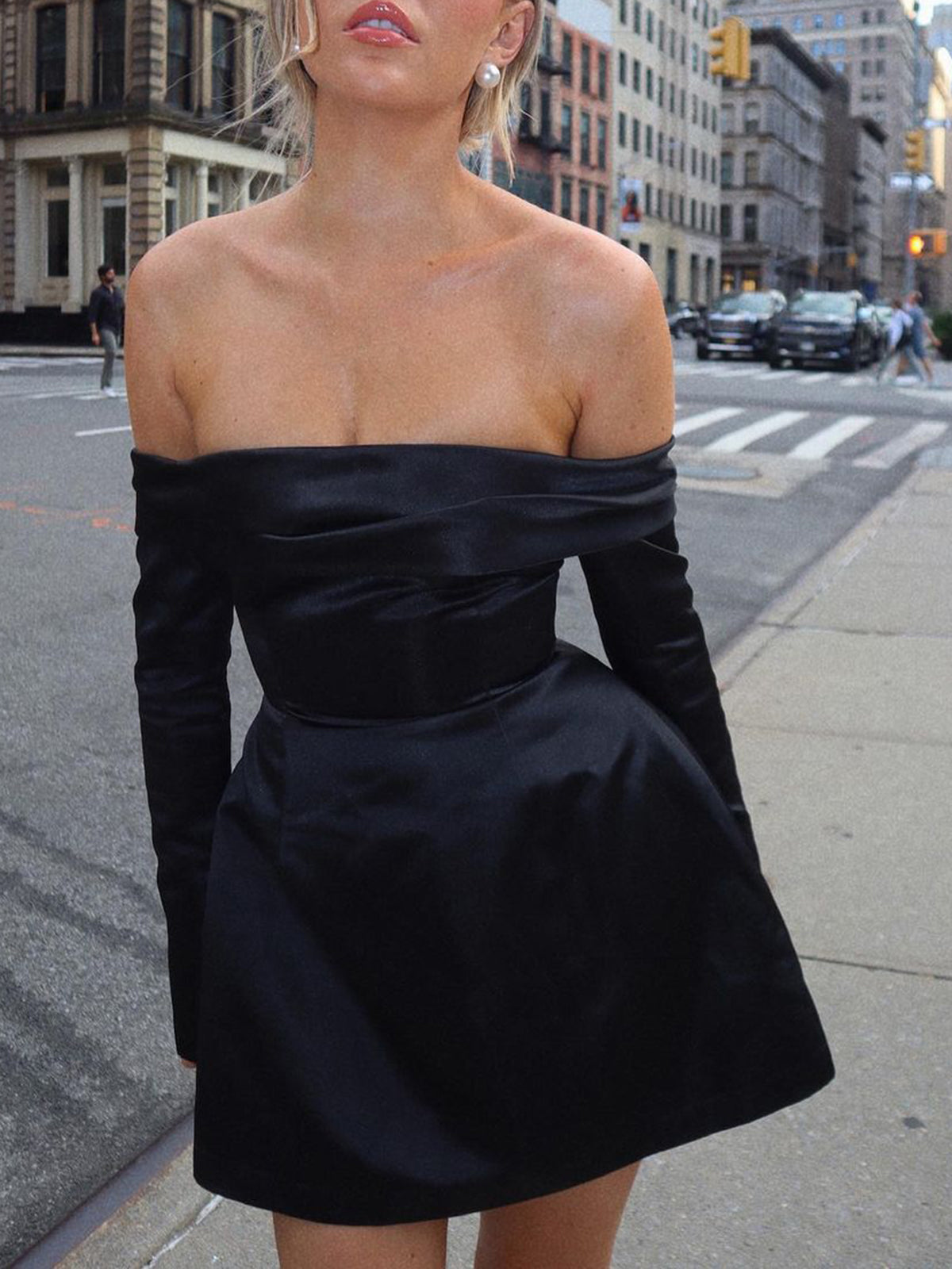 Black Off-Shoulder Mini Cocktail Dress with Long Sleeves for Women