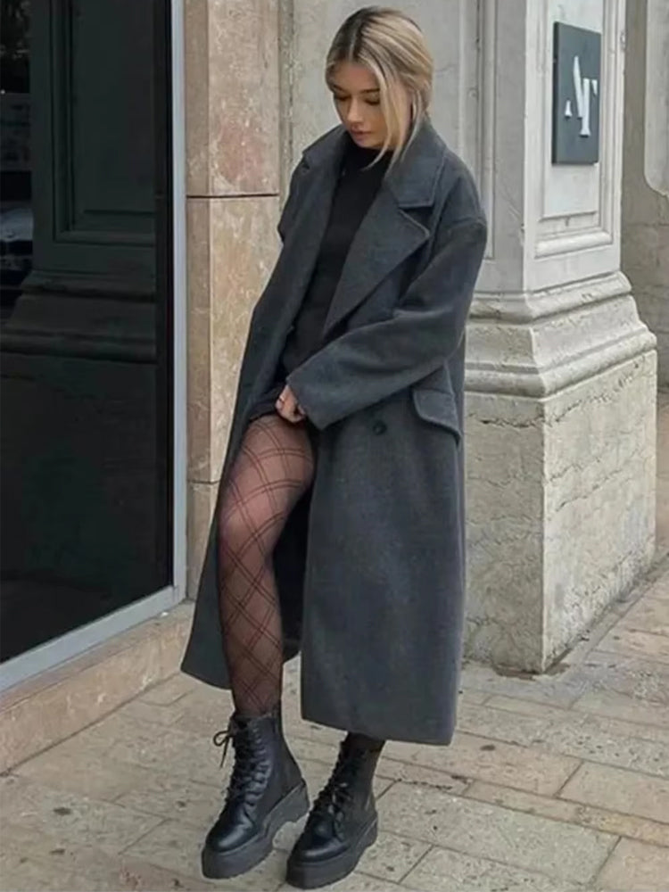 Elegante Maxi Winter Blazerjas Voor Dames Met Dubbelrijg Knopen