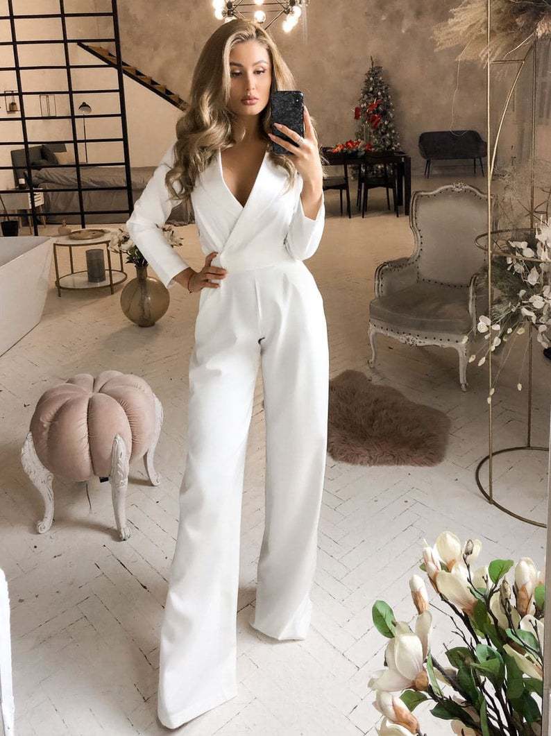 Elegante Overslag Met Lange Mouwen En Wijde Pijpen Dames Jumpsuit