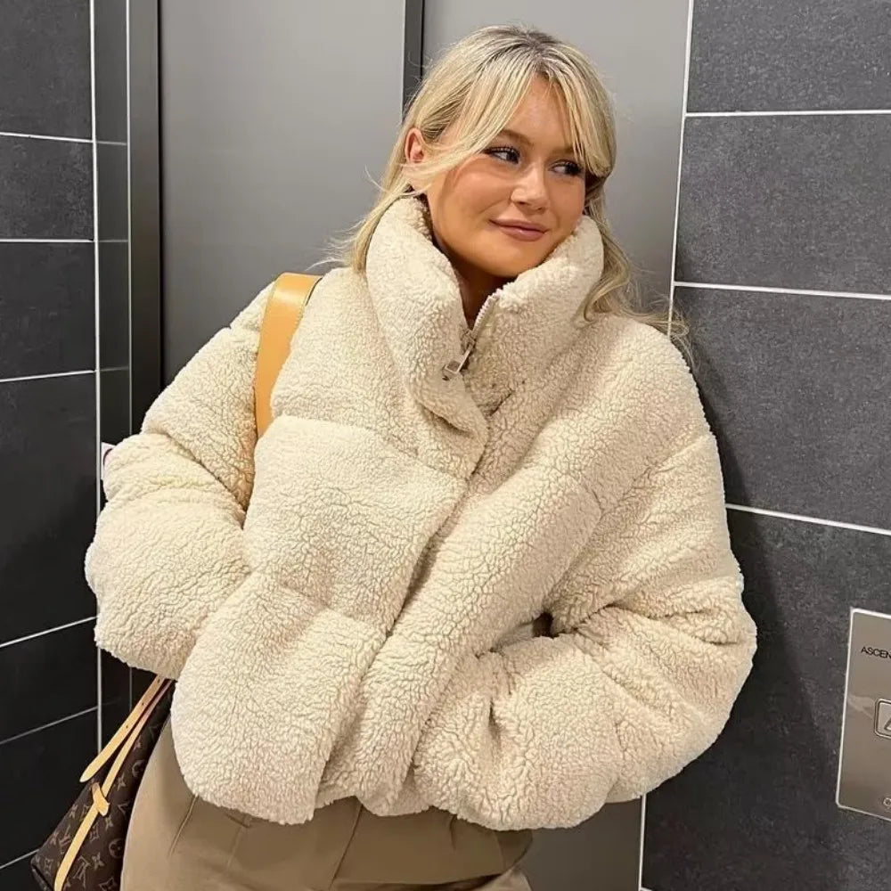 Beige Teddy Bomberjack Zacht Warm met Zakken Dames