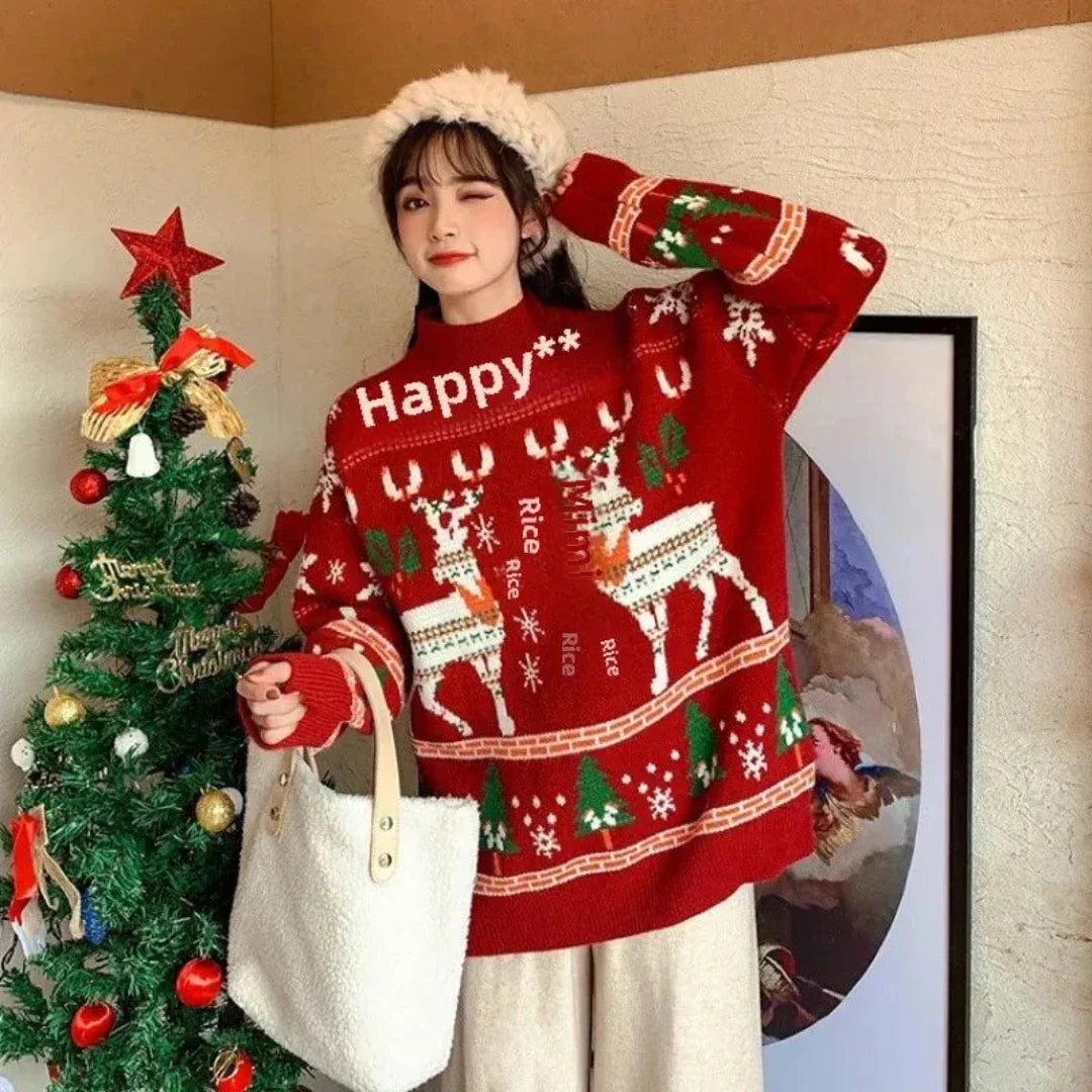 Foute Kersttrui Vrouwen Gebreide Trui met Rendier Lange Mouwen