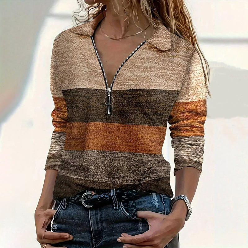 Bruine Half Zip Trui Dames Gestreept Gebreid