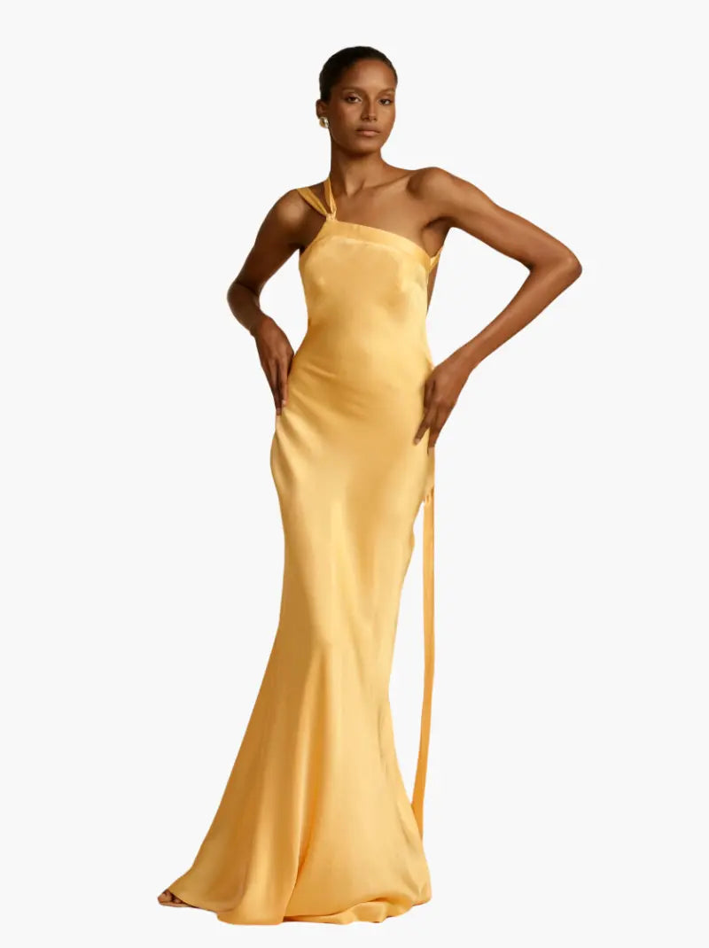 Satijnen One Shoulder Maxi Jurk met Open Rug Galajurk voor Vrouwen