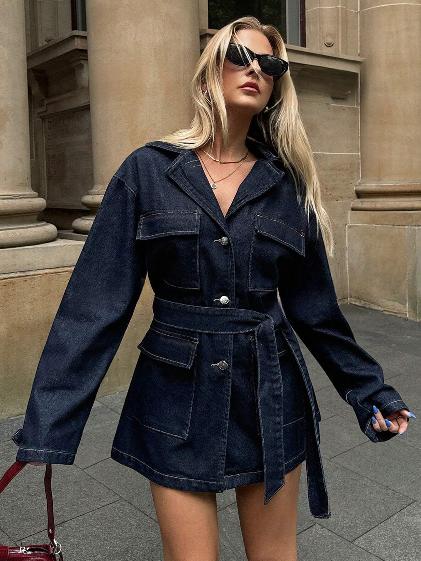 Lange Denim Jas met Ceintuur en Zakken voor Dames