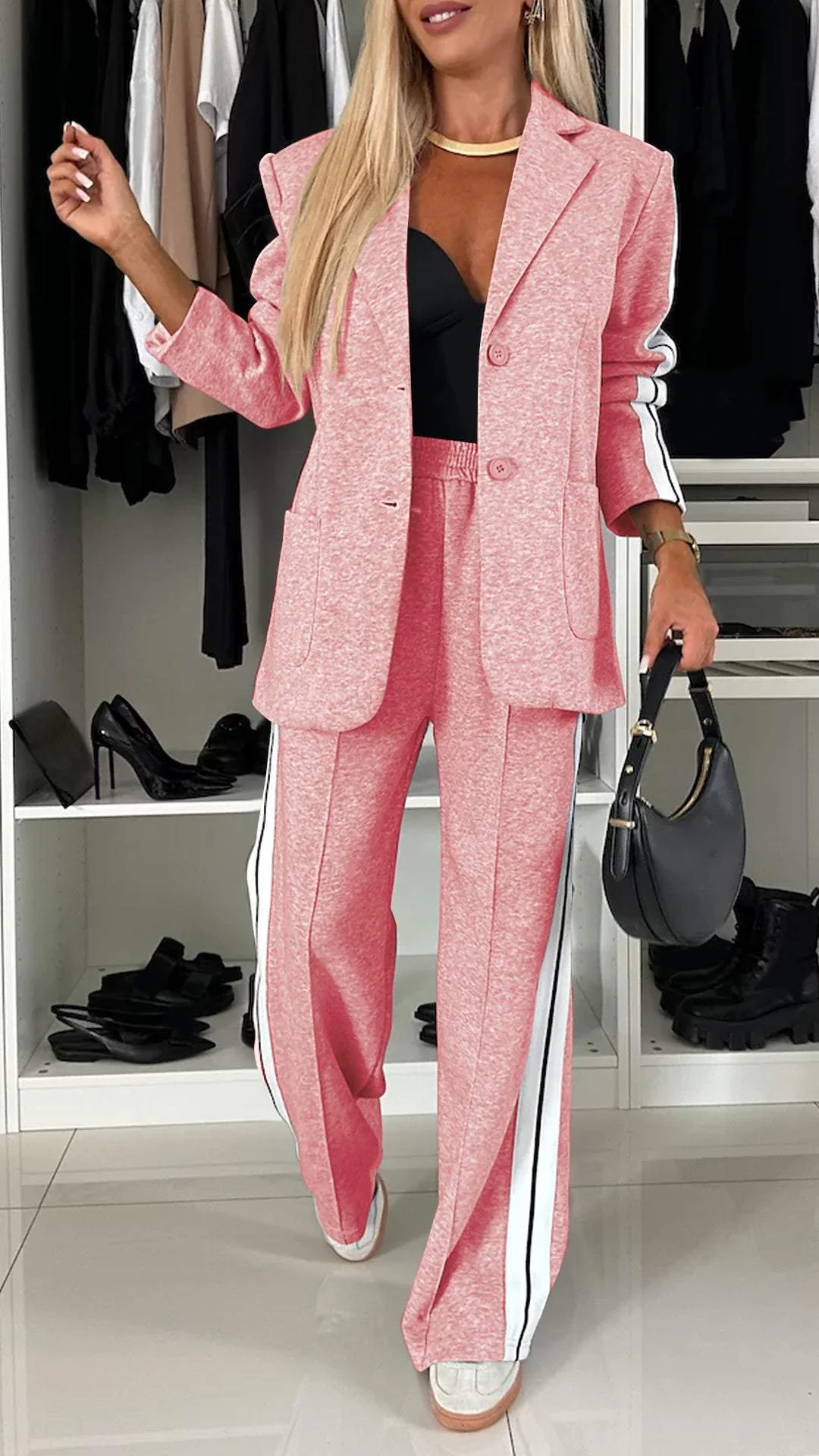 Comfortabele Dames Blazer Set met Wijde Pantalon en Strepen