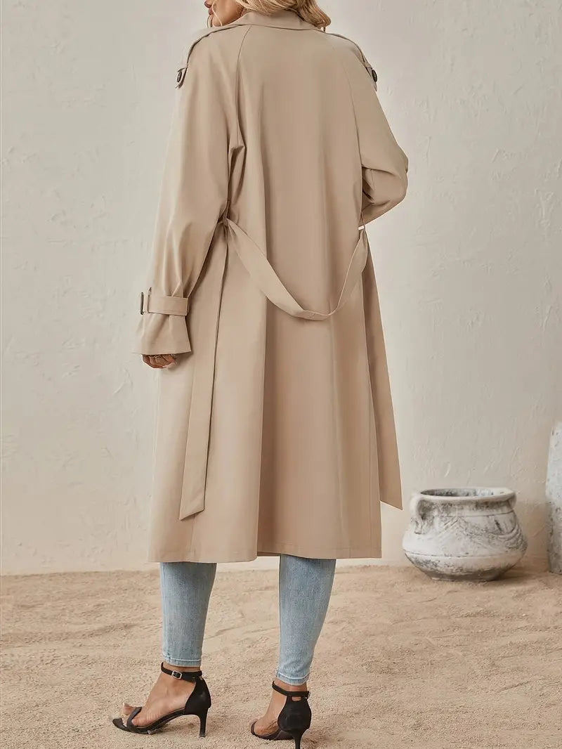 Beige Midi Trenchcoat Dubbelrijig Met Ceintuur Voor Dames