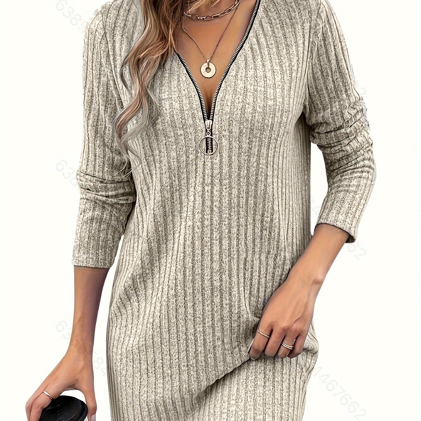 Trendy Geribde Mini Sweaterjurk Voor Dames Met Rits V-Hals