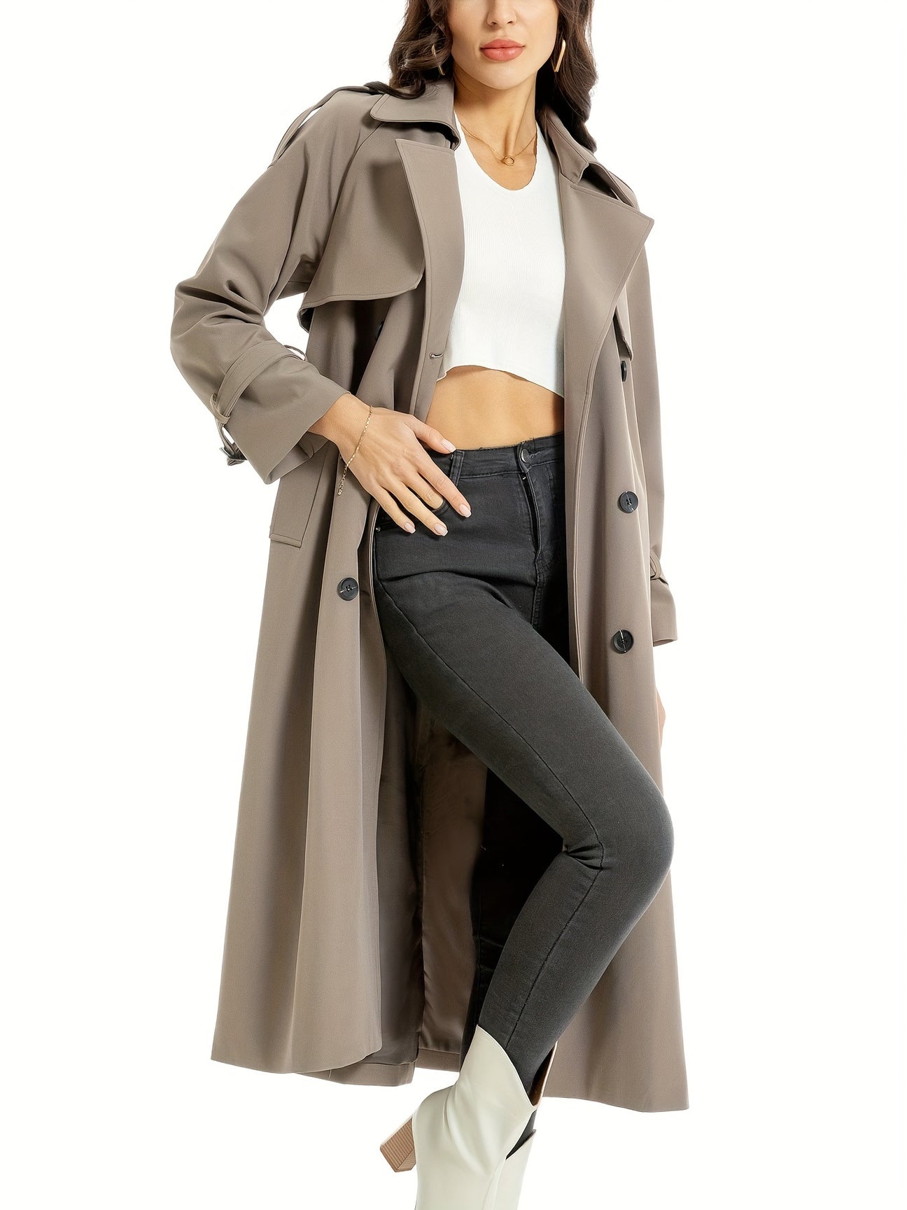 Elegante Maxi Trenchcoat Voor Dames Dubbelrijig Met Ceintuur