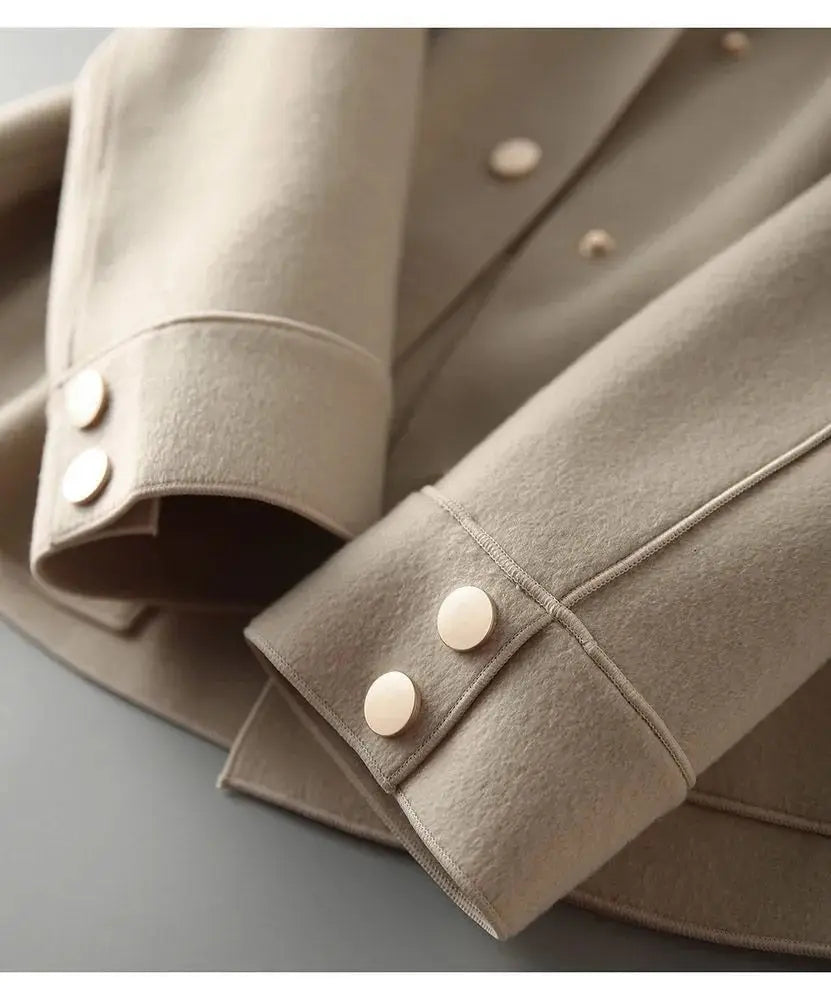 Beige Korte Wollen Jas met Grote Zakken voor Vrouwen