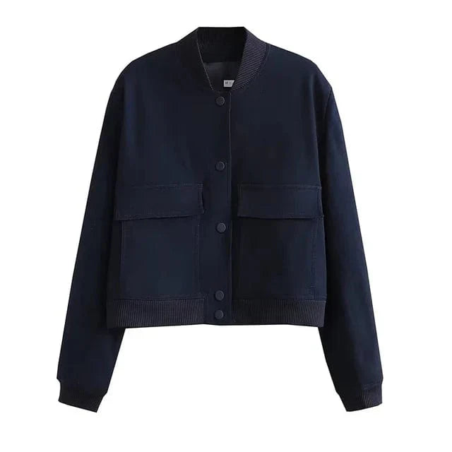 Dames Cropped Bomberjack Met Knoopsluiting Klepzakken En Geribde Boorden