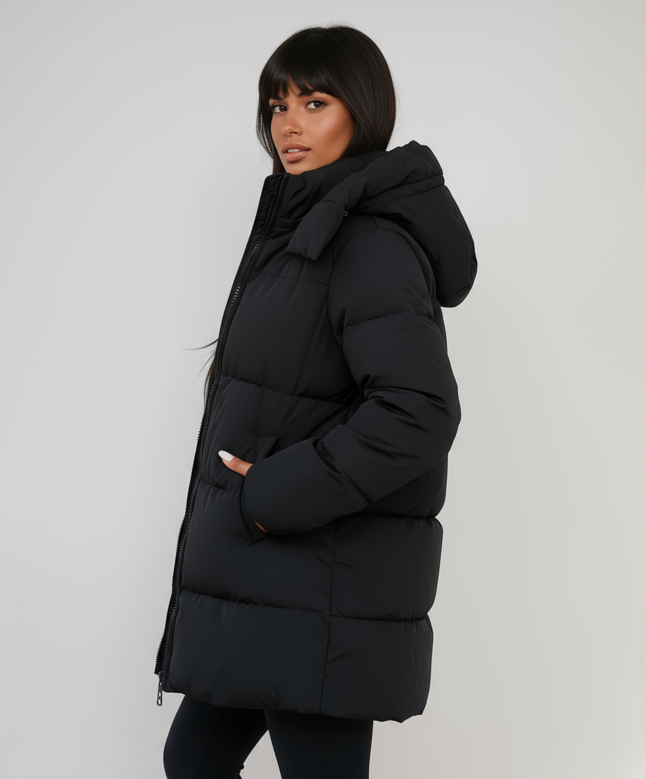 Zwarte Puffer Winterjas met Capuchon Gewatteerd en Lang voor Dames