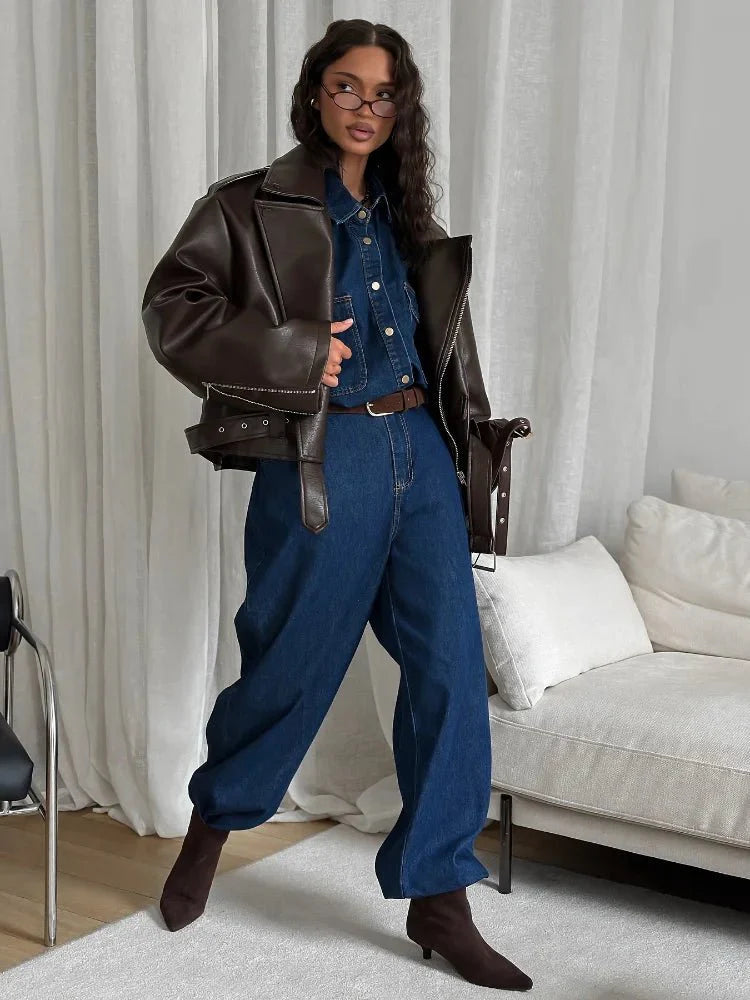 Bruin Leren Jas Dames Kort Klassiek Biker met Ritsen en Riem