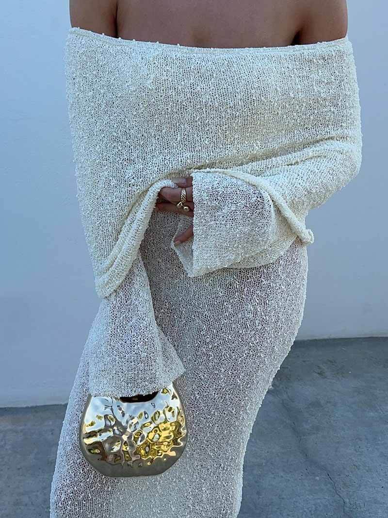 Off Shoulder Maxi Jurk met Lange Mouwen Gebreid