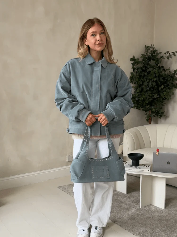 Blauwe Bomber Jas Dames Suède Look Oversized met Ritssluiting en Zakken