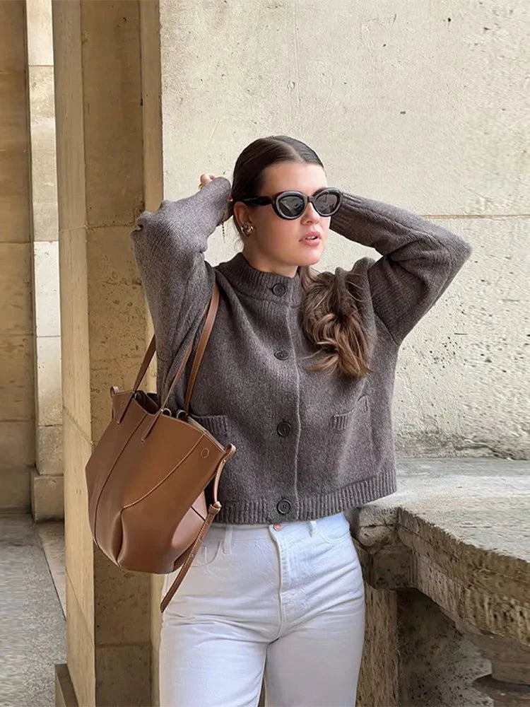 Gebreid Vest Dames Zacht met Opstaande Kraag Knopen en Zakken