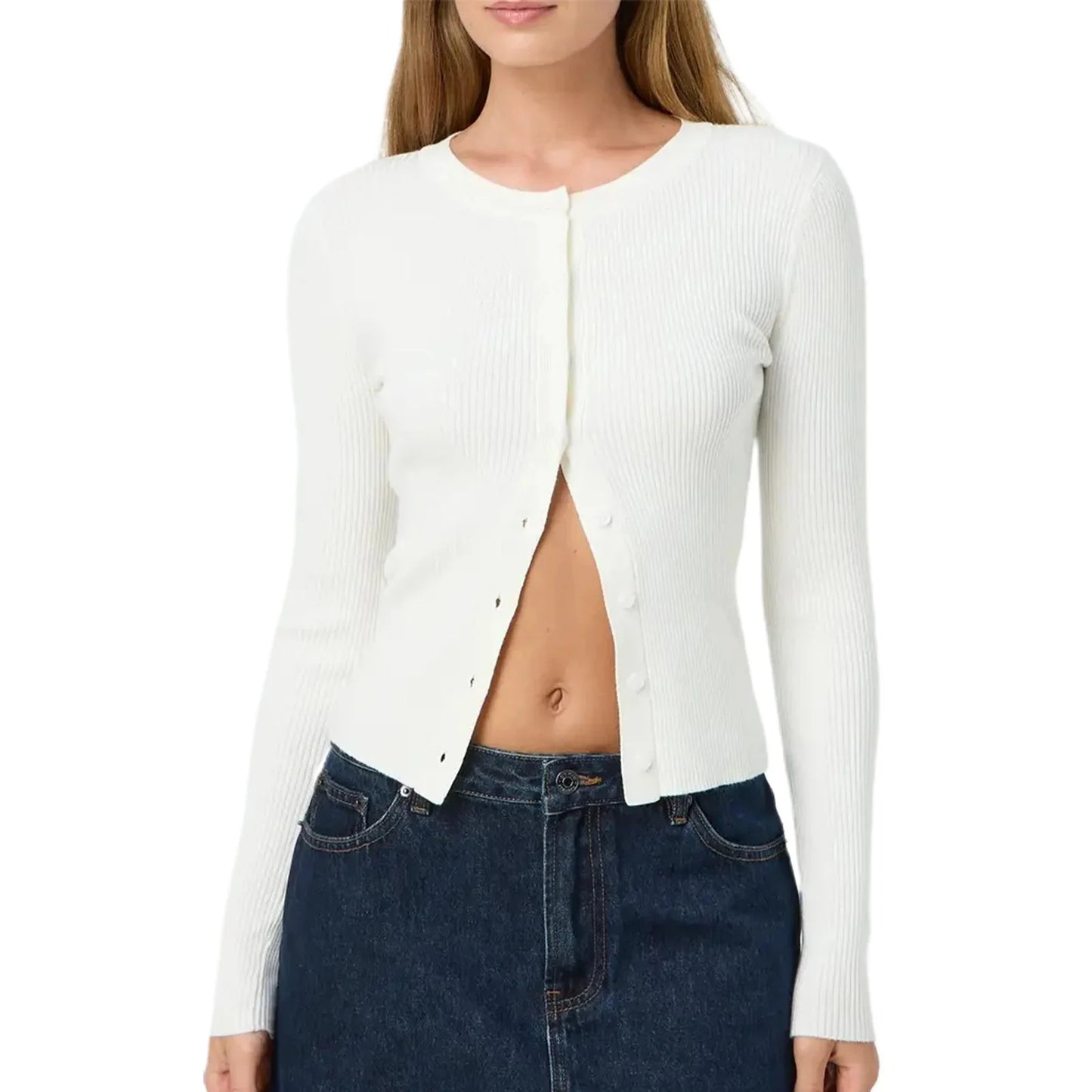 Cropped Geribde Dames Cardigan met Knoopsluiting Slim Fit
