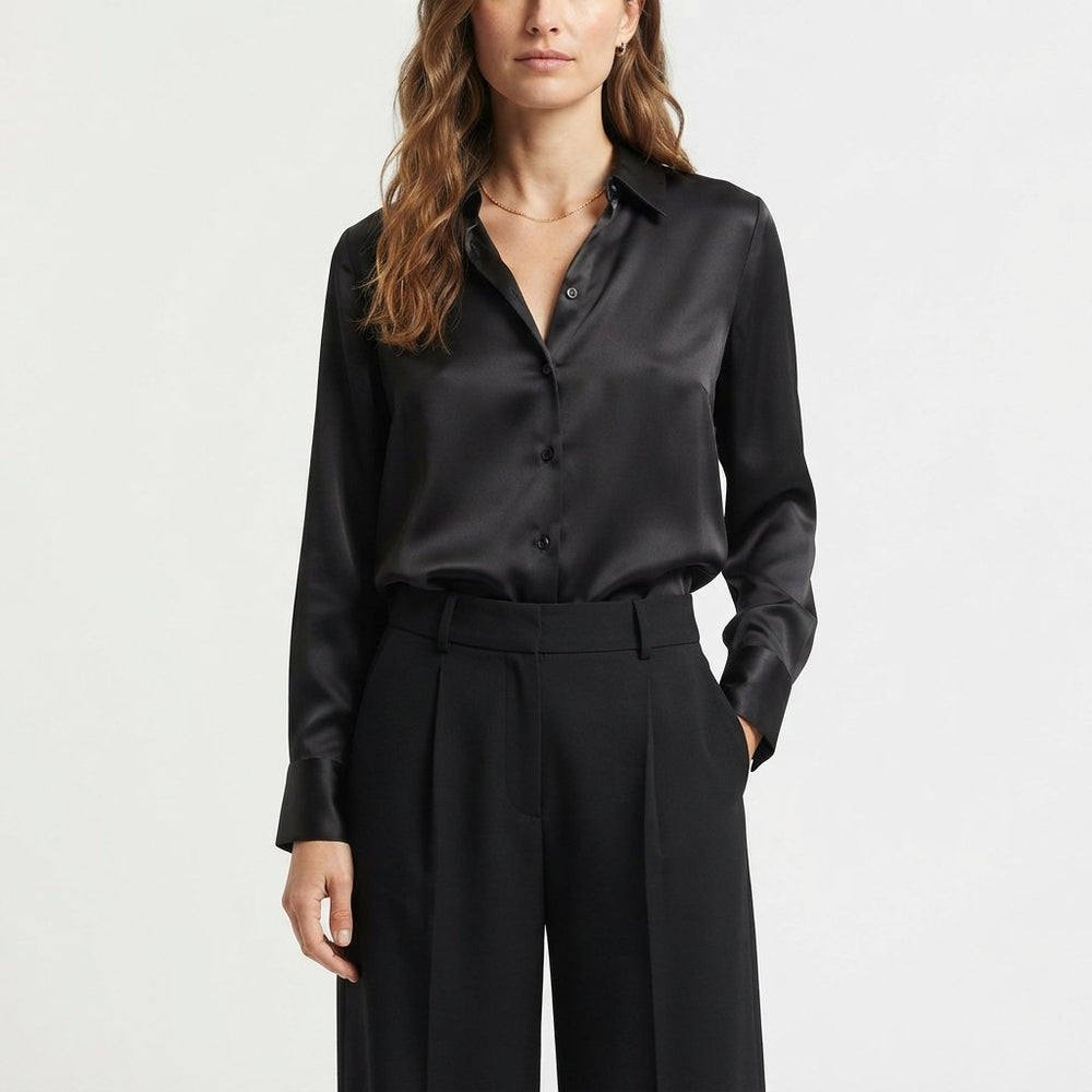 Dames Chique Satijnlook Blouse met Klassieke Kraag en Knopen