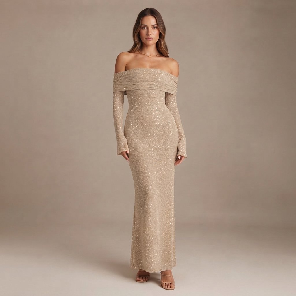 Dames Feestelijke Glitter Maxi Jurk met Off-Shoulder Hals