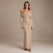 Dames Feestelijke Glitter Maxi Jurk met Off-Shoulder Hals