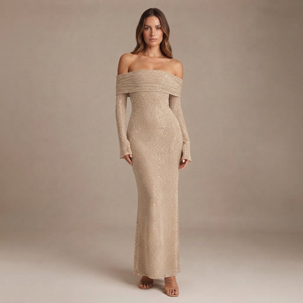 Dames Feestelijke Glitter Maxi Jurk met Off-Shoulder Hals