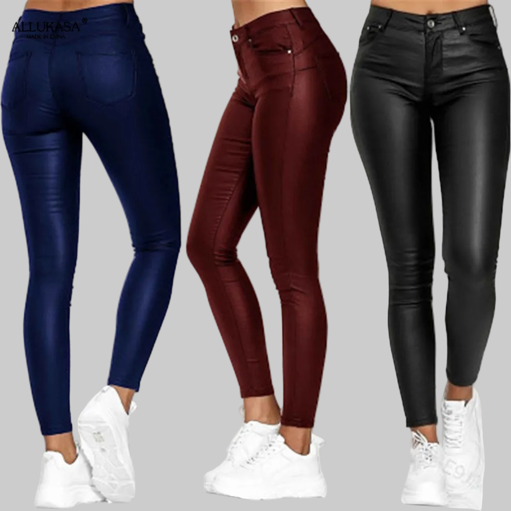 Dames Vrouwelijke Skinny Broek in Leerlook met Stretch en Zakken