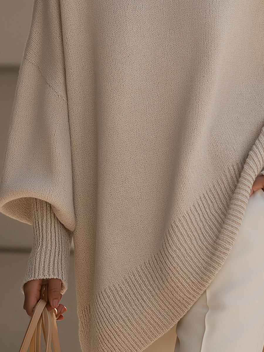 Dames Luxe Gebreide Trui met Ronde Hals en Asymmetrische Zoom