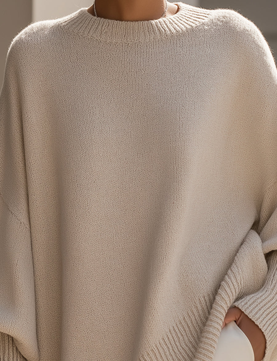Dames Luxe Gebreide Trui met Ronde Hals en Asymmetrische Zoom