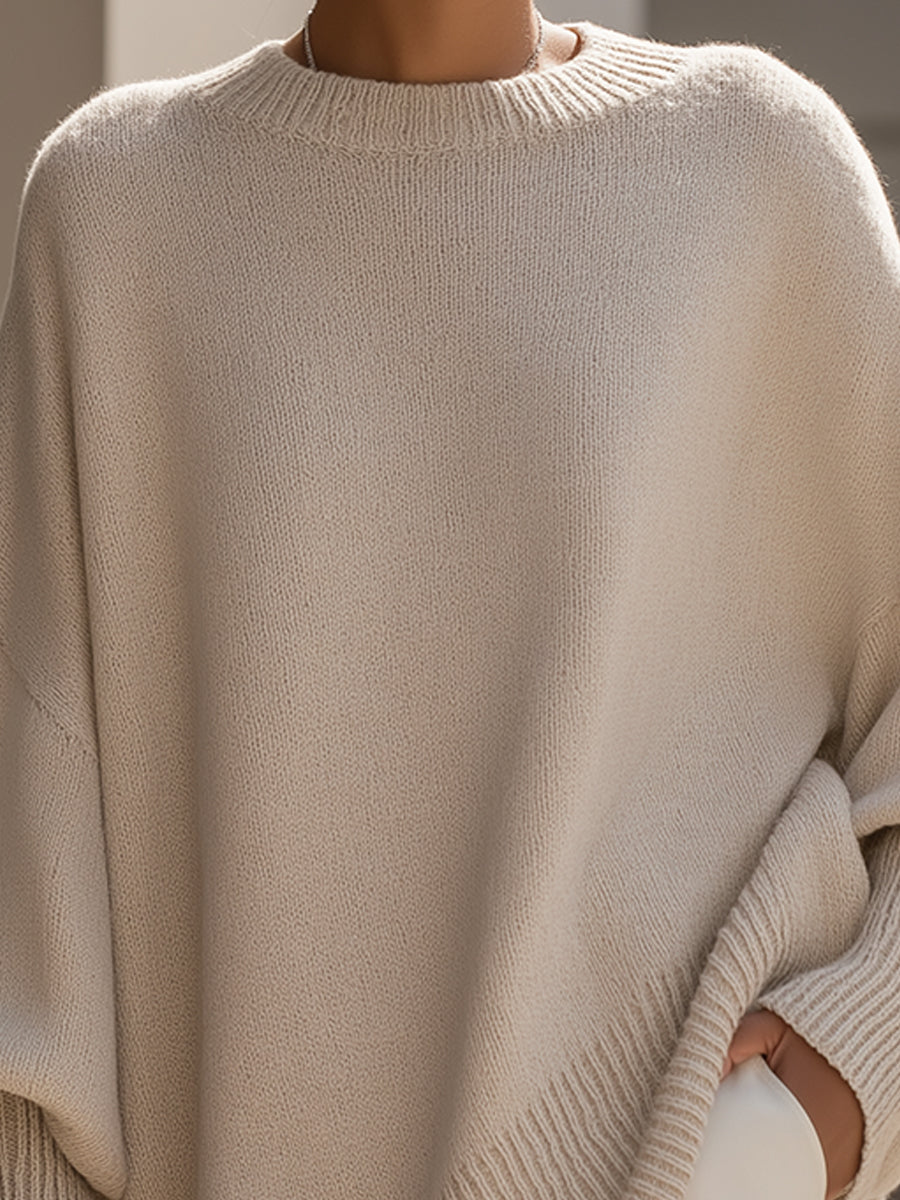 Dames Luxe Gebreide Trui met Ronde Hals en Asymmetrische Zoom
