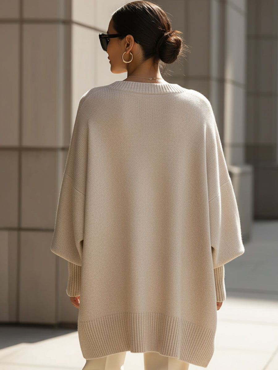 Dames Luxe Gebreide Trui met Ronde Hals en Asymmetrische Zoom