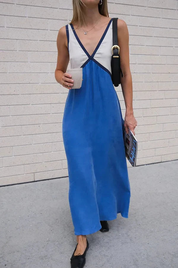 Mouwloze contrast zomerjurk voor vrouwen | Maxi