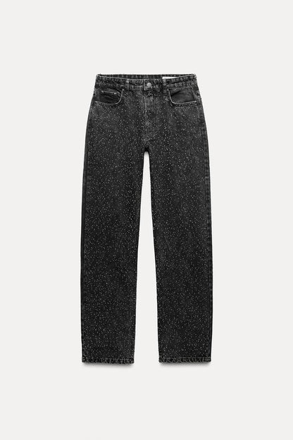 Dames Hoge Taille Rechte Jeans met Glitter
