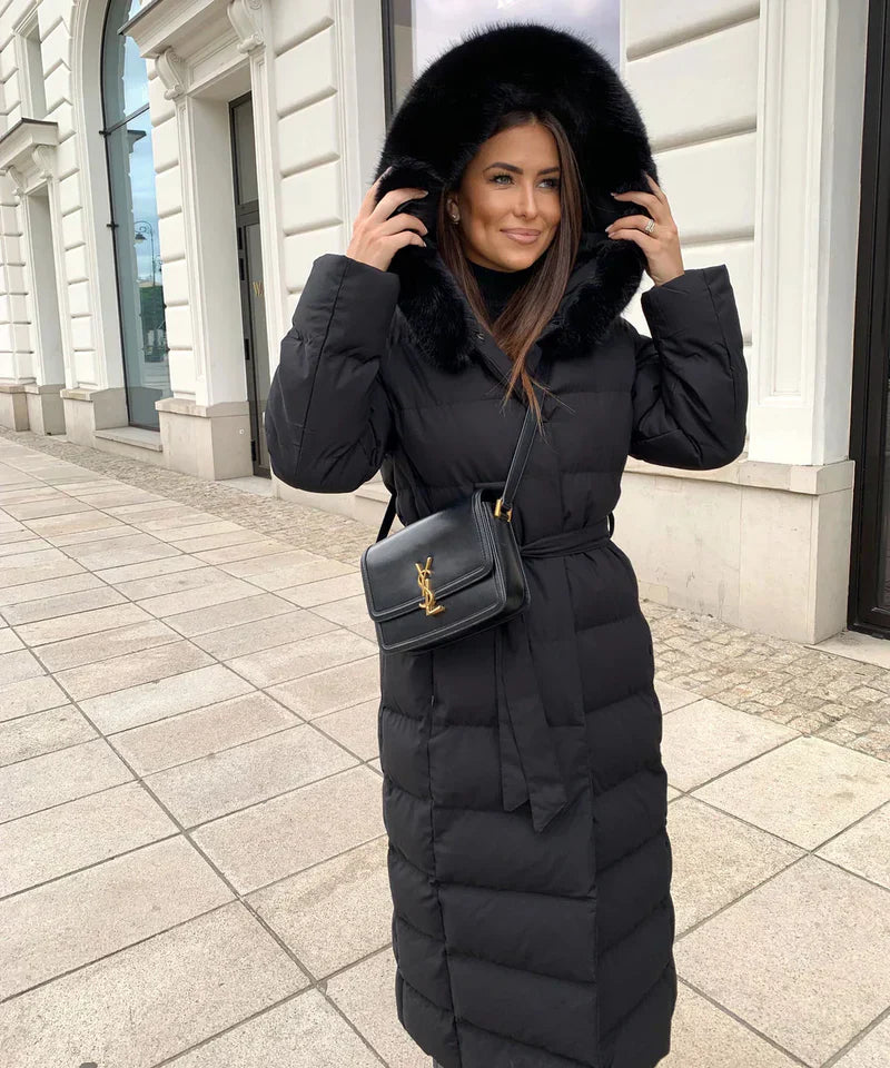 Lange Puffer Winterjas met Capuchon en Bontkraag voor Vrouwen