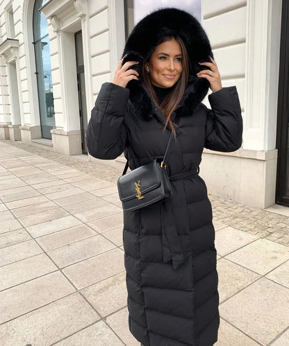 Lange Puffer Winterjas met Capuchon en Bontkraag voor Vrouwen