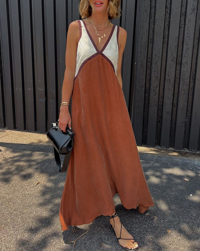 Mouwloze contrast zomerjurk voor vrouwen | Maxi