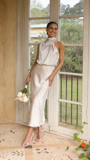 Satin Midi Gala Dress with Halter Neck and Open Back