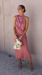 Satin Midi Gala Dress with Halter Neck and Open Back