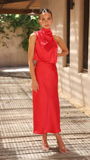 Satin Midi Gala Dress with Halter Neck and Open Back