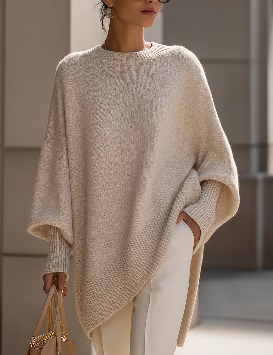Dames Luxe Gebreide Trui met Ronde Hals en Asymmetrische Zoom