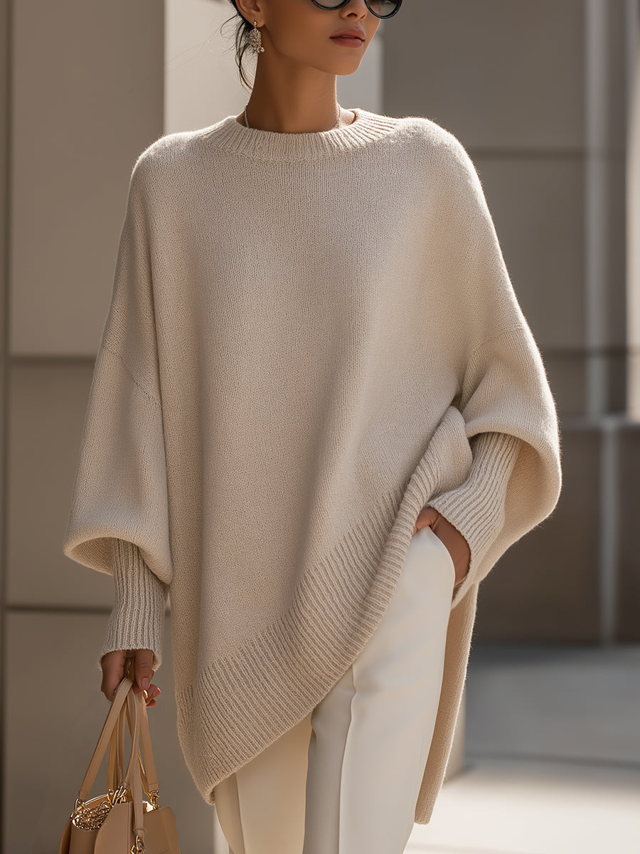 Dames Luxe Gebreide Trui met Ronde Hals en Asymmetrische Zoom