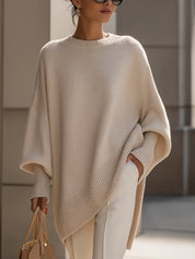 Dames Luxe Gebreide Trui met Ronde Hals en Asymmetrische Zoom