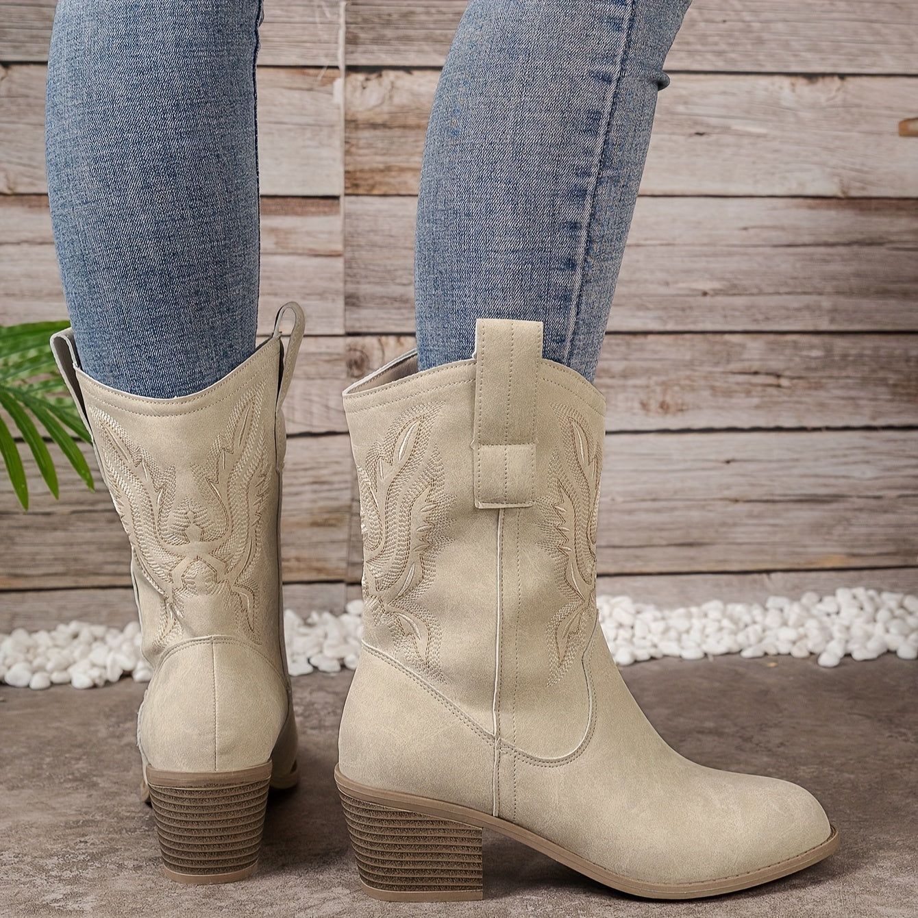 Dames Beige Western Cowboylaarzen Kuithoog Met Blokhak En Zijsrits