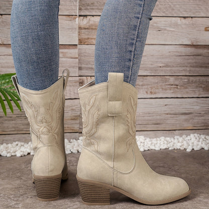 Dames Beige Western Cowboylaarzen Kuithoog Met Blokhak En Zijsrits